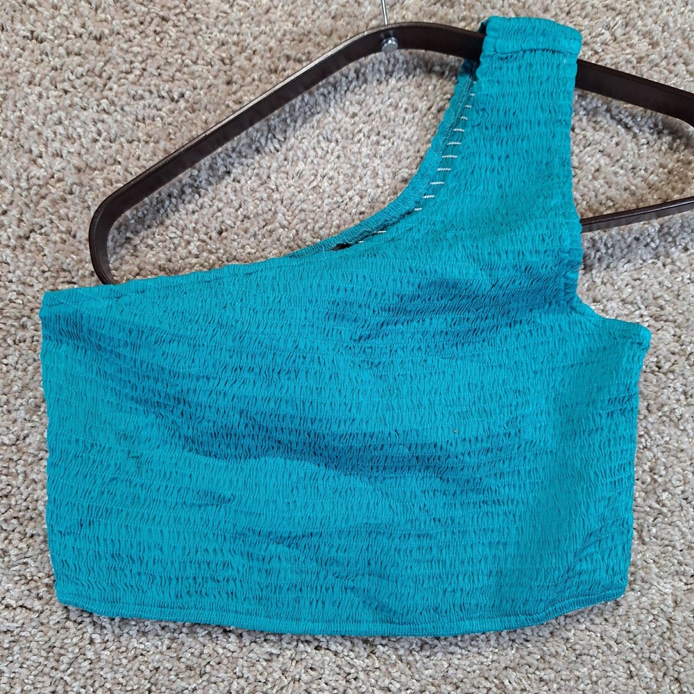 Zesica Crop Top Womens Medium Teal Blue Smocked One Shoulder Boho Festival‎